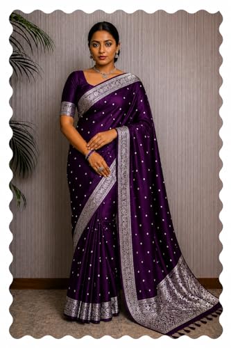 Image of Women's Glory Kanjivaram Banarasi Silk Saree with Polka Dot Embroidery Blend Woven Zari with Jacquard Woven Unstitched Blouse Piece.