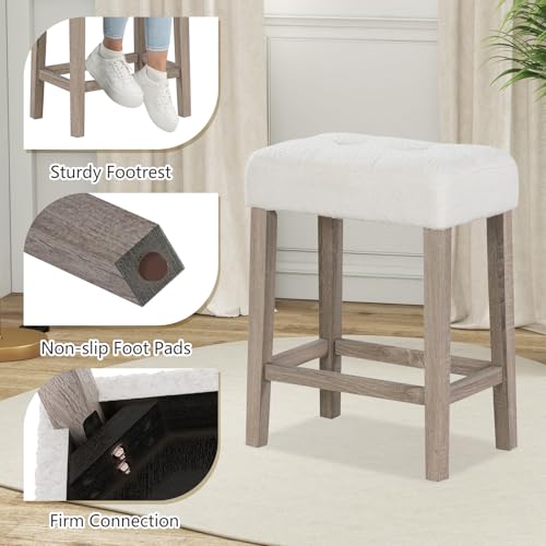 Image of Giantex Sherpa Bar Stools Set of 4, 24 inch Counter Height Kitchen Bar Stools with Cushioned Seat, Footrest, Solid Rubber Wood Legs, Farmhouse Upholstered Barstools for Kitchen Island