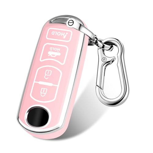 FT FUNTOR for Mazda Key Cover,4 Buttons TPU Key Cover with Silver Edge,Compatible with Mazda 3 6 8 CX-3 CX-5 CX-7 CX-9 atenza Miata MX-5 with Keychain (B-Pink)
