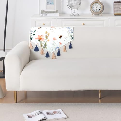 Image of HOKIPO Premium Sofa Backrest Cover Mat | Printed Holland Velvet with Tassels | 'Whispers of Nature' Pastel Butterfly Meadow (IN-1116-D2)