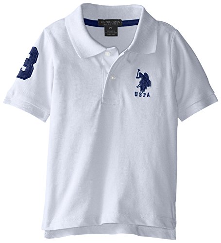 U.S. Polo Assn. Big Boys' Short Sleeve Solid Pique Polo, White with Marina Blue, 14/16