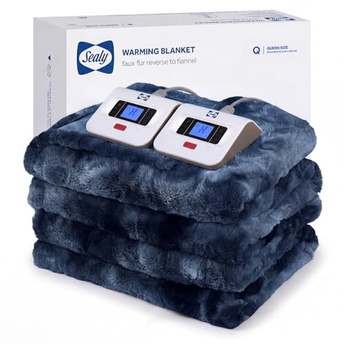 Sealy Faux Fur Flannel Heated Electric Blanket 84"x90" Queen, Navy Blue