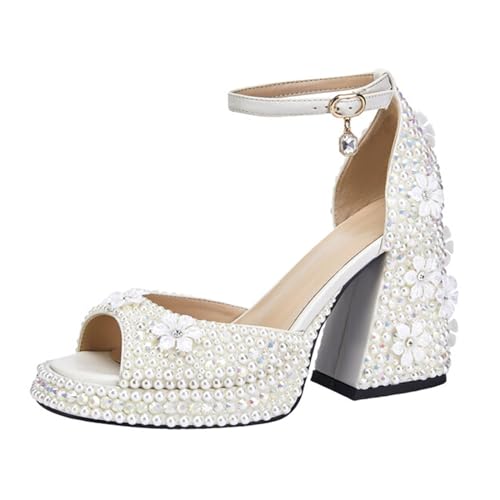 Image of Goolita Womens Open Toe Pearl Platform Heels For Women Chunky Buckle Ankle Strap Wedding Heeled Sandals Dress Evening Bride Bridal Shoes