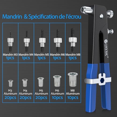 Kit Pistolet à Écrous Rivets ESynic - 86 Pièces Avec 5 Mandrins (M3 à M8)