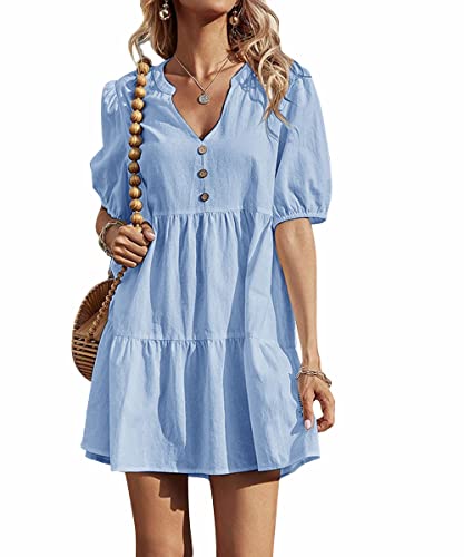 Lueluoye Women V Neck Tunic Dress Short Sleeve Summer Casual Loose Button Flowy Swing Mini Dresses #TOP1