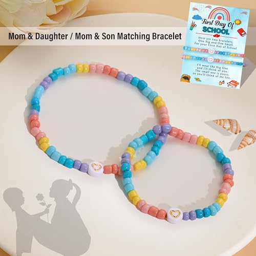 Image of First Day of School Gifts Matching Bracelets for Women Girls Mother and Daughter Beaded Bracelet Multicolor Bead Stretch Kindergarten Preschool Back to School Gifts I Love You Engraved Christmas Birthday Jewelry