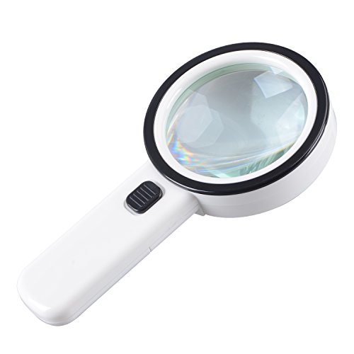Extra Large Handheld Strong Magnifying Glass with 12 LED, XYK 20X Best Jumbo Size Illuminated Magnifier for Reading,Inspection,Hobbies,Macular Degeneration and Currency Detecting (White)