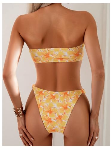 WDIRARA Women's Strapless Bandeau Smocked 2 Piece Swimsuit Floral Print O Ring Cheeky Bottom Bikini Set Bathing Suit2