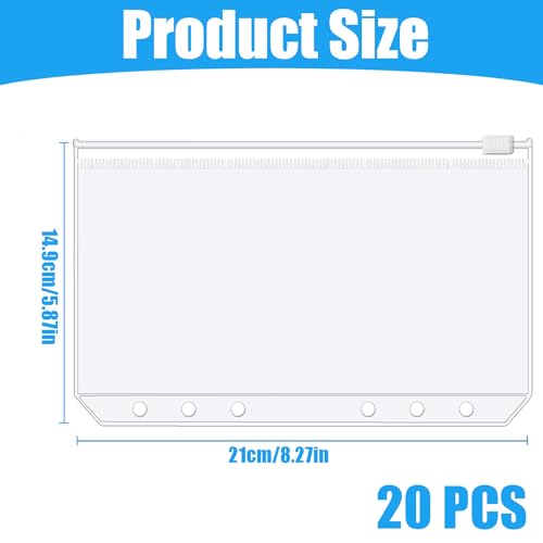 A5 Binder Taschen,20 PCS PVC 6 Löcher Binder Dokumententasche A5 Reißverschluss Ordner Wasserdicht Kunststoff Bindertaschen für Notebook-Planer Einlegeseiten Loseblattbeutel Foto