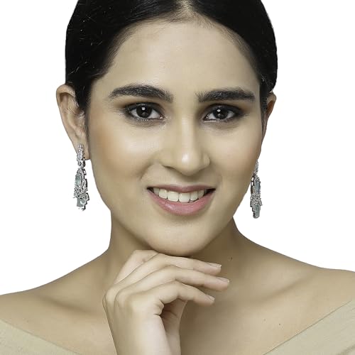 Image of ZENEME Rhodium-Plated American Diamond Studded Oval & Leaf Shaped Drop Earrings For Girls and Women