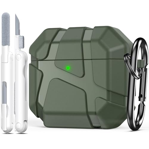 R-Fun AirPods 4�p�V���R���P�[�X �ϏՌ��V���R���ی�P�[�X AirPods��4����Ή� �n�[�h�V�F���f�U�C�� ���h�~ �t�����gLED���C�g�t�� �J���r�i�t�� �O���[��