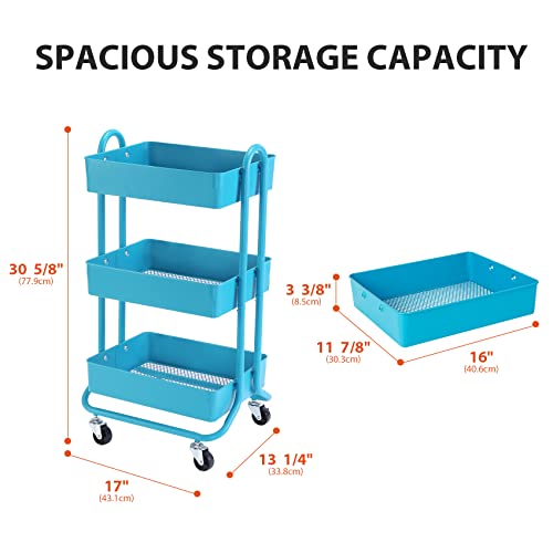 DESIGNA 3 Tier Metal Rolling Cart, Heavy Duty Storage Utility Cart Little Organization Cart with Handle and Locking Wheels,Multifunctional Storage Shelves for Office Kitchen Bedroom Bathroom,Turquoise