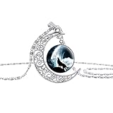 Linsh Dome Moon Howling Wolf Time Gems Pendant Necklaces Hollow Out Carved Fashion Jewelry(Style 4)