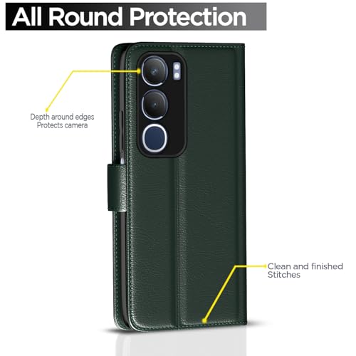 Image of Pikkme Flip Cover Leather Finish | Inside TPU with Card Pockets | Wallet Stand and Shock Proof | Complete Protection Button Flip Case for Vivo Y19s(Green)