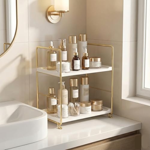 Image of oddpod 2-Tier Metal Freestanding Stackable Organizer Rack, Bathroom Countertop Storage Shelves /Multi-Layer Desktop Cosmetics & Kitchen Spice Organizer (Gold)