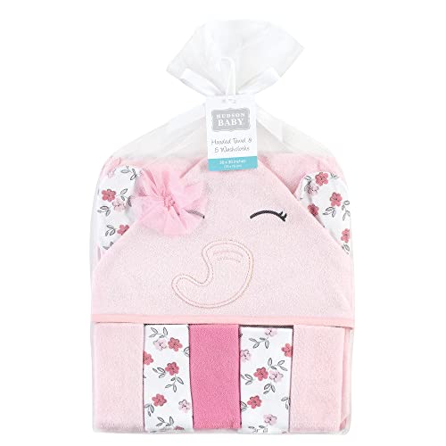 Image of Hudson Baby Unisex Baby Hooded Towel and Five Washcloths, Floral Pretty Elephant, One Size
