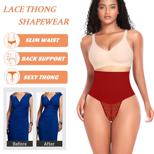 Image of Werena Tummy Control Thong Shapewear for Women Mid High Waisted Body Shaper Underwear Lace Shaping Thong Girdle Panties(#A1 Mid Rise Red,Small)