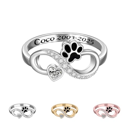 Personalized Pet Paw Birthstone Ring, Love Heart Dog Paw Print Ring Pet with Name, Puppy Cats Claw Rings for Women, Custom Memorial Dog Rings for Women, Animal Memorial Gifts For Pets Lovers