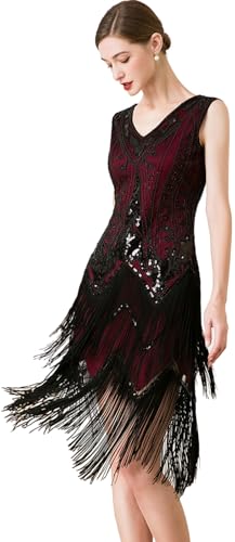 Image of Women Flapper Dresses 1920s V Neck Beaded Fringed Great Gatsby Club & Night Out Dresses