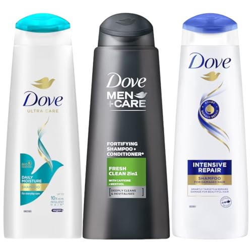 3 x 250ml | Dove Daily Moisture & Intensive Repair Shampoo for Women | Fresh Clean 2 in 1 for Mens Shampoo Bundle | 3 Pack