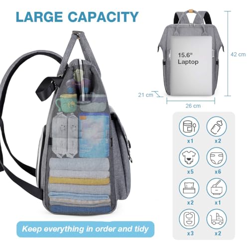 Baby Wickelrucksack Wickeltasche mit Wickelunterlage Multifunktional Große Kapazität Babytasche Reisetasche für Unterwegs, Grau - 6