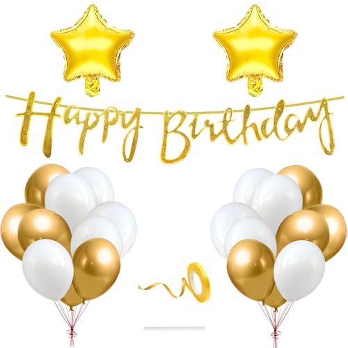 Image of Flyloons Happy Birthday Decoration Kit Gold White for Baby Boys Girls Kids Twins Men Women With 20 Pcs Chrome Balloons Birthday Banner 2 Pcs Star Items Set Golden