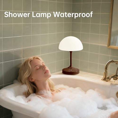 Image of Dawnwake Mushroom Lamp Cordless Lamp Table Lamp,Outdoor Waterproof Shower Lamps,5000mAh Rechargeble Battery Operated Dimmable Touch Desk Lamps,LED Night Light for Bathroom Patio Camping Outdoor /Walnut
