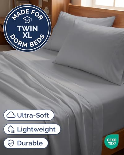 Image of Twin XL 4 Piece Sheet Set - College Dorm Room Essentials - Steel Blue | Ultra Soft Dorm Bedding Set, 8 inch to 16 inch Inch Deep Pockets, 1 Flat & 1 Fitted Sheet & 2 Pillowcases, Wrinkle & Fade Free