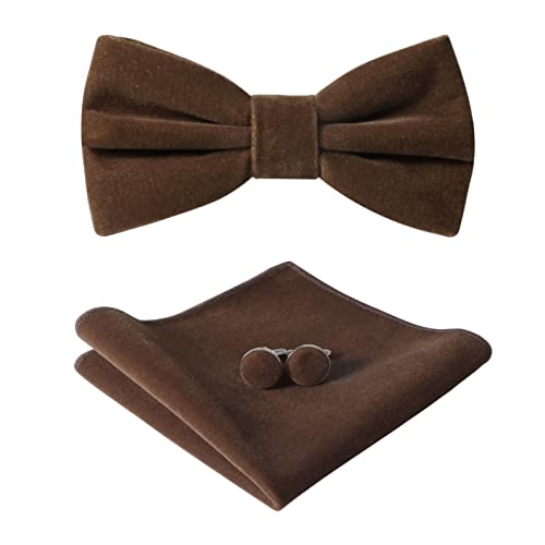 HOULIFE Juego de pajarita para hombre - Pajarita ajustable de terciopelo preatada, pañuelo de bolsillo monocolor, juego de gemelos para novio boda formal con caja de regalo, marrón, M Cover