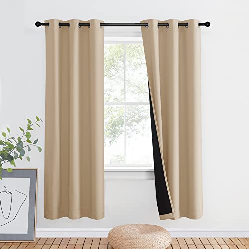 NICETOWN Living Room Completely Shaded Drapery, Privacy Protection & Noise Reducing Ring Top Drape, Black Lined Insulated Window Treatment Curtain Pan