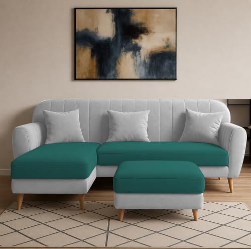 Image of Atticus LHS 4 Seater L Shape Sofa Set with Ottoman for Living Room (Pine Grey Fabric) Premium Fabric Sofa Set