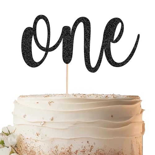 EONNCNT Decoración para tarta de primer cumpleaños con purpurina negra para niños o niñas, decoración de pastel de primer cumpleaños para baby shower, suministros de fiesta de primer cumpleaños,