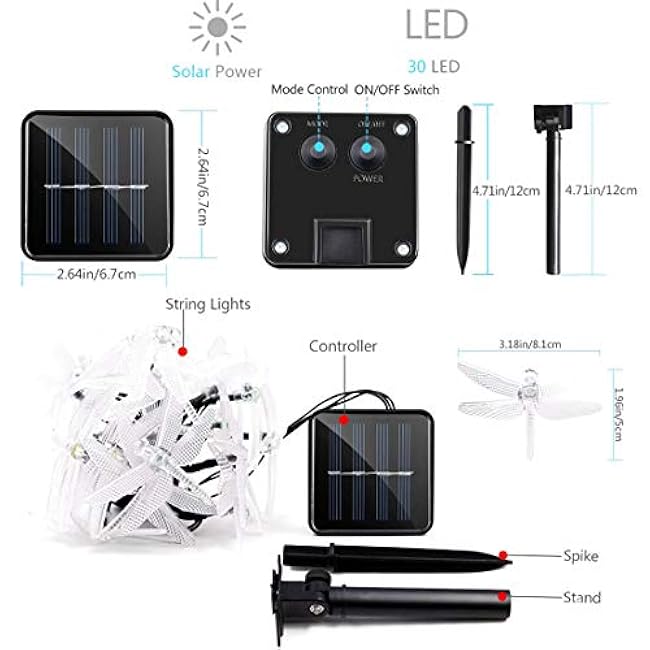 SEMILITS Solar String Lights 20Ft 30LED Dragonfly Shaped Waterproof Fairy Decoration Lighting for Indoor/Outdoor,Patio Christmas Party Holiday Decorations