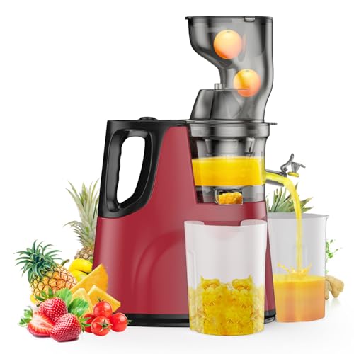 Cold Press Juicer Machine - Easy to Clean Slow Masticating Juicer for Vegetables and Fruits, High Juice Yield with Low 60dB Noise, Capable of Making Fruit Smoothies, Red