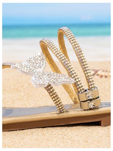 OYOANGLE Girl's Slide Sandals Rhinestone Sparkly Butterfly Strappy Open Toe Slip On Flat Sandal4