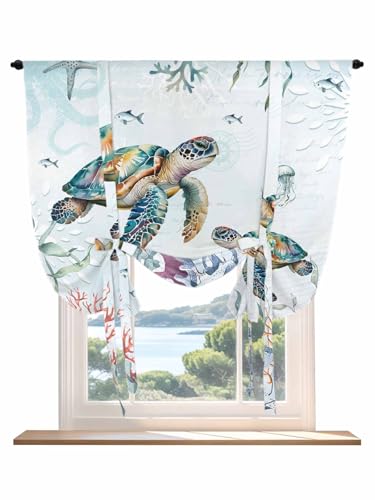 Tie Up Curtains for Windows Sea Turtle Ocean Roman Shade 52 x 63 Inch Bathroom Curtain Window Summer Beach Coastal Coral Seagrass Rod Pocket Short Balloon Curtains for Living Room Kitchen Blinds