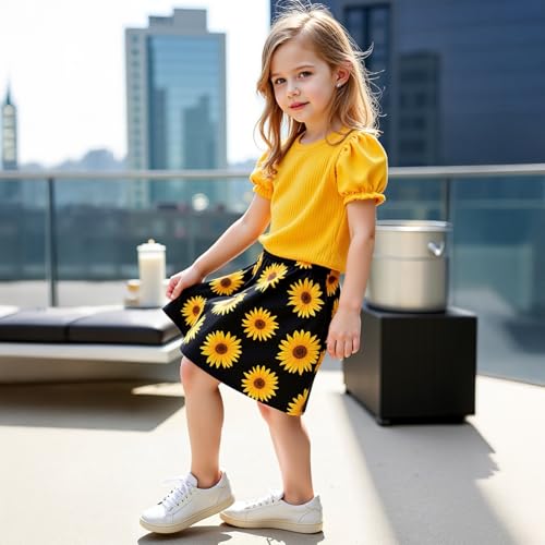 Image of Girls' Sunflower Print Dress Set - Fun and Fashionable 3-9 Years