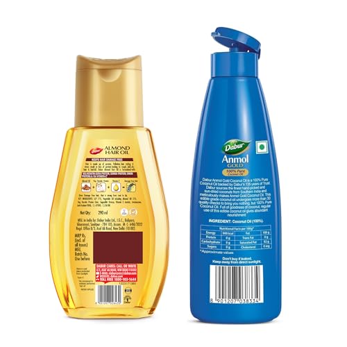 Image of Dabur Almond Hair Oil - 900ml (300ml x 3) + Gold Coconut Hair Oil - 600ml (Pack of 2) | Damage Protection | Non Sticky Formula | For Soft & Shiny Hair | With Almonds,Soya Protein & Vitamin E