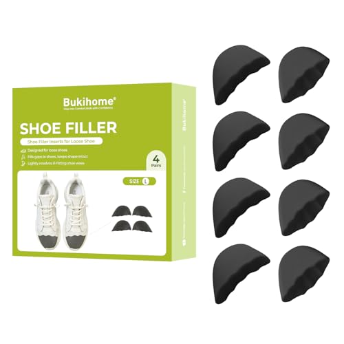 Image of Bukihome Shoe Filler Insert - 4 Pairs Insoles to Make Shoes Smaller, Heel Cushions Pads, Size Reducer Make Shoes Fit, Cushions for Women, Black, L