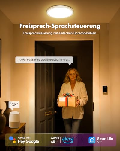 Oraymin LED Deckenlampe Alexa Kompatibel, 24W Smart Deckenleuchte mit Fernbedienung, IP54 schlafzimmerlampe mit 16 Millionen DIY Farben, Dimmbar LED Lampe für Wohnzimmer Jugendzimmer, Ø30cm