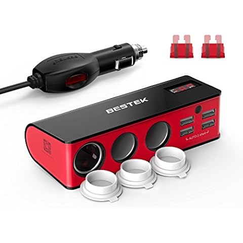 BESTEK 3-Socket 200W 12V/24V DC Cigarette Lighter Power Adapter with 6A 4-Port Car USB Splitter Charger Cover