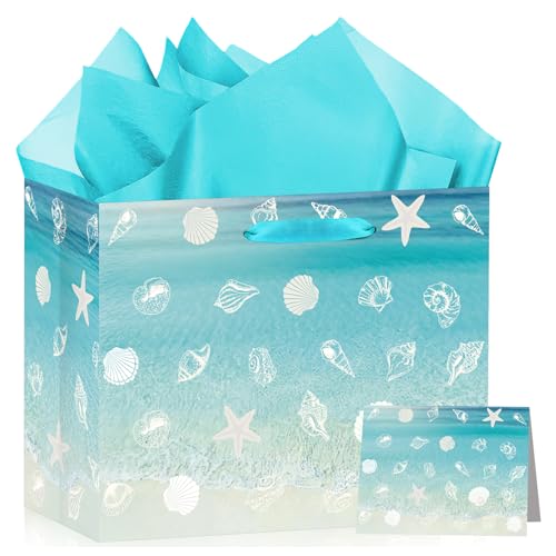 Beach Seashell Gift Bag Seashell Starfish Wrapping Paper Bag with Tissue Paper and Greeting Card Blue Beach Goodies Bags Hawaiian Themed Decor for Ocean Summer Birthday Wedding Baby Shower Supplies