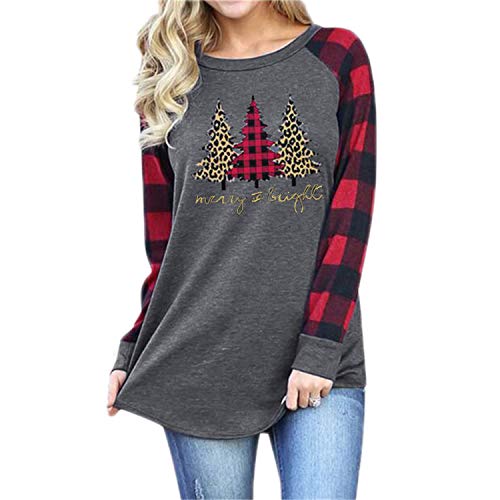 BETTE BOUTIK Merry Christmas Shirts for Women Cute Plaid Shirts Splicing Tunic Baseball Tee Blouses Xmas Tree Grey Large