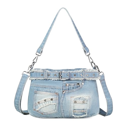 Fashion Crossbody Bag Denim Purse with Rhinestones Y2K Jean Handbag for Women