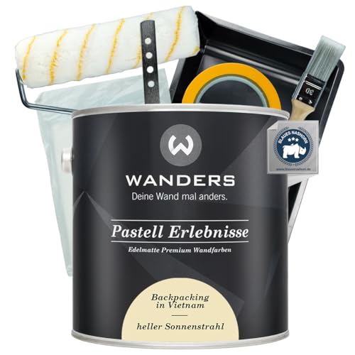 Wanders Pastell Erlebnisse Wandfarbe 2,5L (heller Sonnenstrahl, Sand) inkl. Streichset Basic – Premium Kreidefarbe, Leichte Anwendung, Hochdeckend, Ultramatt, Perfekt für Heim-DIY