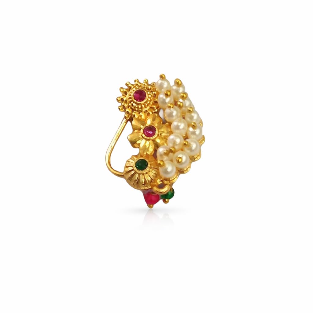 Traditional Maharashtrian Nath Nose Ring for Women | Pearl & Stone Studded Artificial Nath | Bridal Nose Pin (Non-Gold)-image-16