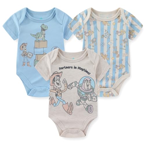 Image of Disney Toy Story Woody Buzz Lightyear Baby Boys 3 Pack Bodysuit Creeper for Newborn and Infant