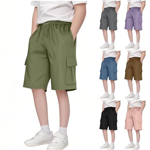 Boys Cargo Shorts 2025 Summer Solid Knee Length Wide Leg Casual Comfy Drawstring Elastic Waist Short Pants with Pockets