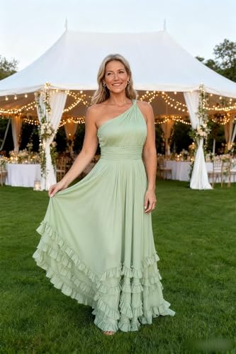 SEIM Women's One Shoulder Ruffles Bridesmaid Dresses Long A Line Pleated Formal Evening Dress with Slit SE10532