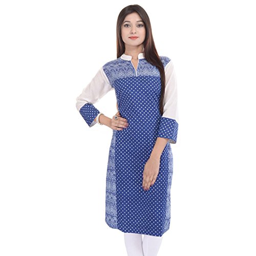 Chichi Indian Women's Printed Cotton Straight Kurti Top 3/4 Sleeve(Blue-Off White)